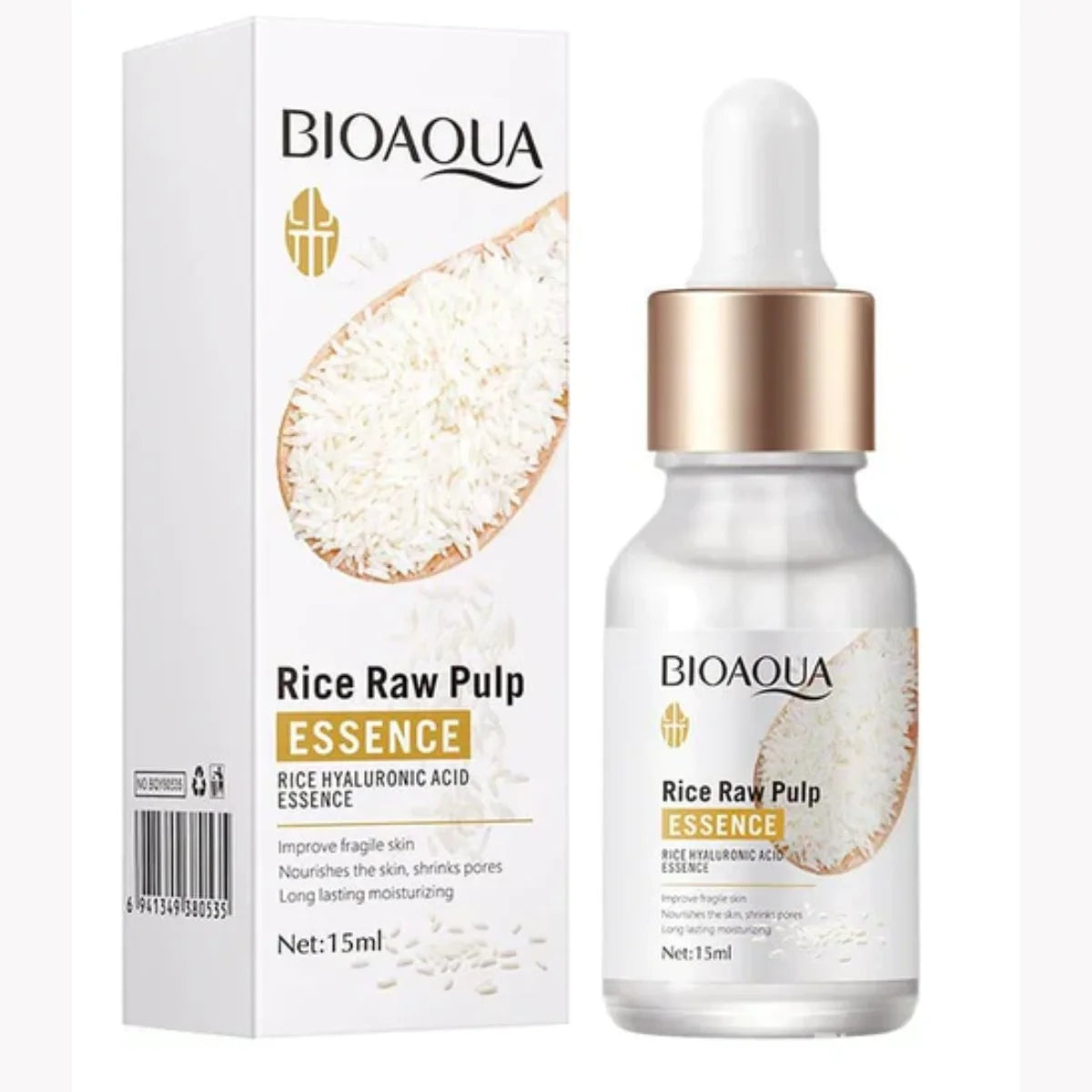 Bioaqua Rice Raw Pulp Essence bottle and packaging on a white background