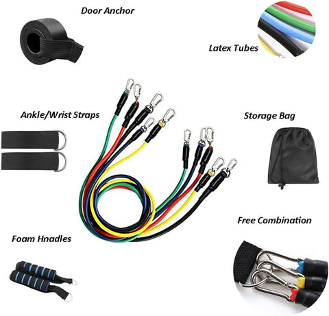 11 Pcs Exercise Fitness Resistance Bands Set – Elastic Pull Rope Kit for Full Body Workout, Pilates & Strength Training