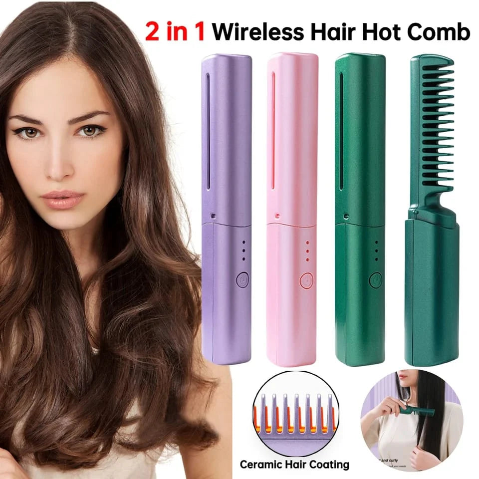 mini hair straightener, rechargeable hair comb, 2-in-1 hair tool, cordless straightener, portable hair straightener, travel hair styler, hair styling tool